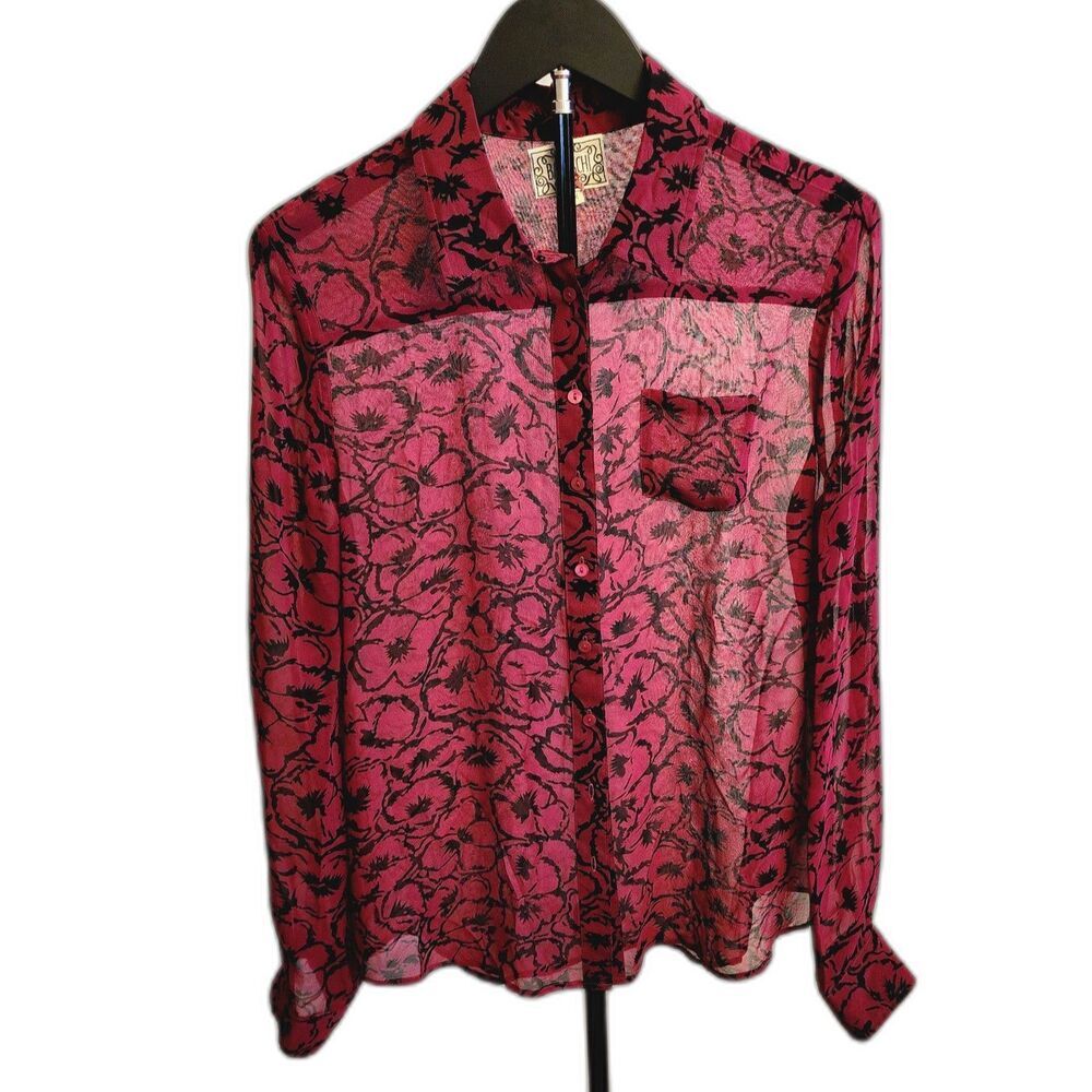 Baraschi 100% Silk Shirt M Burgundy Floral‎ Sheer Blouse Quiet Luxury Italian